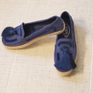 TOD'S Suede Lazer Cut Espadrille Loafer, Big Tassel, Navy, EU 38.5, US 8, NWT